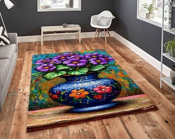 Alfombra con jarrón de flores moradas, colorida alfombra floral con estampado botánico vibrante, estilo bohemio artístico para el hogar.