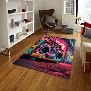 Neon Boombox Rug, Hip Hop Graffiti Style Carpet, Urban Retro Music Decor, Colorful Street Art Floor Rug for Bedroom & Game Room