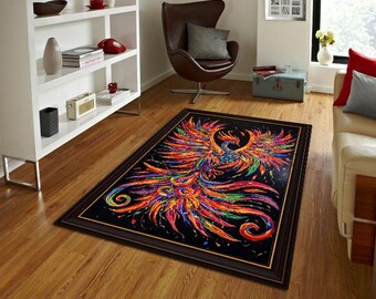 Phoenix Rug, Colorful Fire Bird Art Area Rug, Mythical Phoenix Carpet, Bold Statement Decor, Modern Artistic Rug