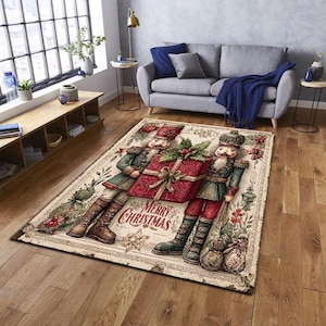 May include: A rectangular Christmas-themed rug featuring two nutcracker soldiers holding a large red gift box. The rug has a cream-colored background with the words "Merry Christmas" and festive floral accents.