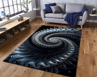 Fractal Spiral Area Rug, Abstract Silver Blue Geometric Carpet