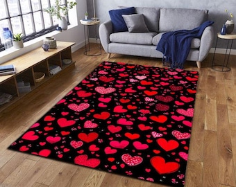 Valentine Heart Pattern Rug, Red Pink Hearts on Black Carpet, Romantic Love Design Area Rug, Modern Valentine Home Decor
