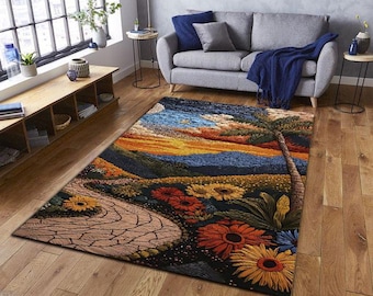 Alfombra con textura floral, arte de montaña con atardecer tropical, tapiz de margaritas de colores, decoración bohemia de naturaleza para colgar en la pared.