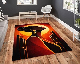 Art Deco Black Woman Rug – Luxury Golden Portrait Carpet, Modern African Wall Art Aesthetic, Elegant Boho Chic Bedroom Floor Decor