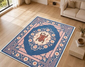 Chinese Tiger Rug, Oriental Blue Area Rug, Vintage Asian Carpet, Chinoiserie Floral Rug, Traditional Decorative Living Room Rug