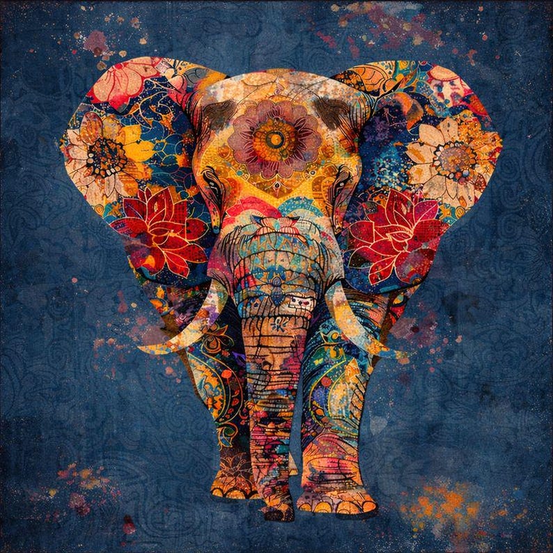 May include: A vibrantly colored elephant illustration with intricate floral and paisley patterns. The artwork features a blue background with splashes of color, and the elephant is adorned with red, yellow, and blue designs.