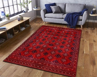 Alfombra oriental roja, alfombra tribal tradicional, decoración de suelo boho de estilo persa, alfombra con estampado vintage, diseño geométrico étnico.