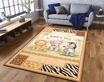 Safari Nursery Rug, Lion, Elephant, Zebra, Kids Animal Carpet