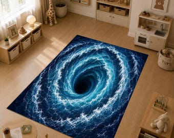 3D Ocean Whirlpool Rug, Deep Sea Vortex Carpet, Blue Water Spiral Area Rug, Nautical Illusion Floor Decor, Wave Tunnel Rug