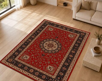 Persian Style Red Area Rug, Vintage Oriental Floral Medallion Carpet, Traditional Iranian Inspired Rug, Classic Home Decor