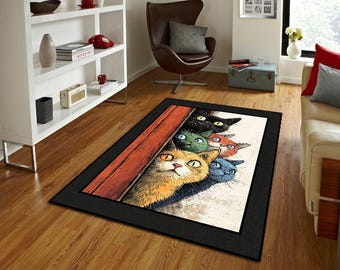 Colorful Curious Cats Rug, Vintage Illustration Cat Carpet, Playful Animal Area Rug, Modern Art Statement Rug