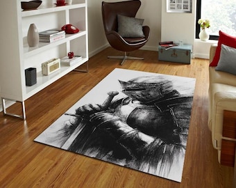 Alfombra de caballero medieval con diseño de guerrero de fantasía oscura, con armadura en blanco y negro, decoración gótica de caballero valiente para gamers y man cave.