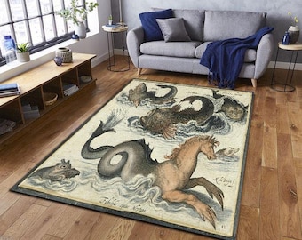 Alfombra vintage con criaturas marinas míticas, alfombra antigua con ilustraciones del océano, alfombra decorativa náutica con arte de bestias marinas mitológicas