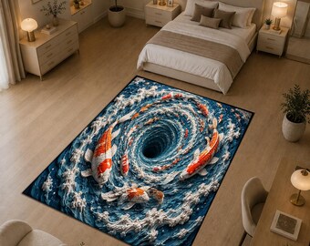 3D Koi Fish Whirlpool Rug, Japanese Koi Vortex Area Rug, Ocean Spiral Carpet, Optical Illusion Depth Floor Decor