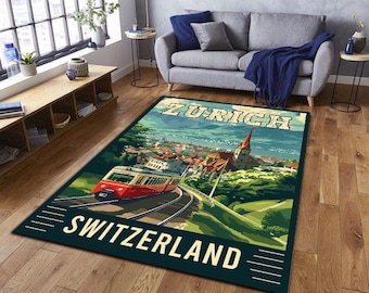 Alfombra de Zúrich, Suiza, con póster de viaje vintage, arte urbano, decoración europea, paisaje alpino para sala de estar.