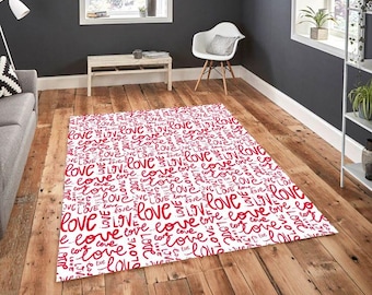 Love Typography Rug, Red Handwritten Love Pattern Carpet, Valentine Text Design Area Rug, Romantic Modern Home Decor