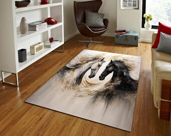 Abstract Running Horses Rug, Modern Horse Art Carpet, Colorful Wall-to-Wall Area Rug, Artistic Animal Design Home Decor