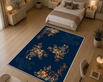 Navy Blue Floral Rug, Chinoiserie Area Rug, Vintage Botanical Carpet, Oriental Flower Rug, Elegant Living Room Decor Rug, Cottagecore