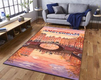 Alfombra de la ciudad de Ámsterdam, alfombra de canal con acuarela, alfombra con arte panorámico europeo, alfombra con decoración de viajes, ilustración de casas holandesas, alfombra de arte urbano
