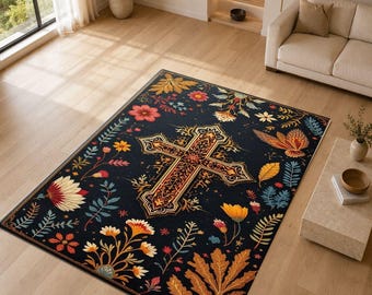 Christian Cross Rug, Gothic Floral Area Rug, Religious Black Carpet, Vintage Faith Inspired Home Decor, Catholic Prayer Room Rug Gift