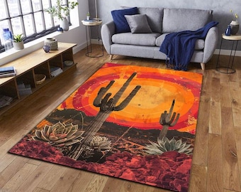 Alfombra retro de cactus del desierto, alfombra con atardecer del suroeste, alfombra bohemia del oeste, decoración de suelo con arte desértico vintage en naranja cálido