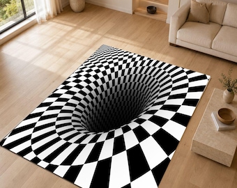 3D Black Hole Rug, Optical Illusion Area Rug, Checkerboard Vortex Carpet, Hypnotic Tunnel Rug, Modern Op Art Decor