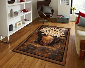 Luxury Floral Vase Rug, Textured Gold & Cream Art Carpet, Modern Farmhouse Area Rug, Elegant Living Room Statement Rug