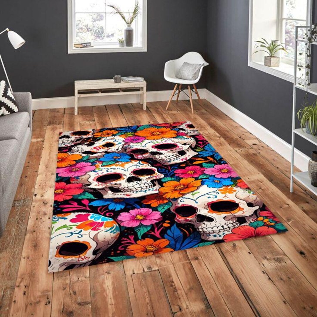 Colorful Calavera Sugar Skull Rug, Day of the Dead Mexican Decor ...