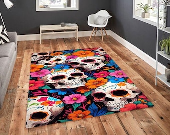 Colorful Calavera Sugar Skull Rug, Day of the Dead Mexican Decor, Vibrant Floral Skull Carpet, Boho Colorful Skeleton Art Rug
