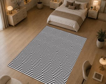 3D Op Art Illusion Rug, Black White Geometric Carpet, Optical Illusion Area Rug, Modern Abstract Floor Decor