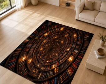 3D Infinite Library Tunnel Rug, Bookshelf Vortex Area Rug, Fantasy Reading Room Carpet, Optical Depth Floor Decor