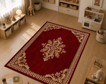 Vintage Red Persian Style Rug, Gold Ornamental Area Rug, Elegant Oriental Carpet, Classic Victorian Floral Design, Luxury Home Decor