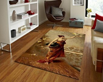 Alfombra vintage con arte de mujer y loro, estilo pintura clásica, elegante tapiz victoriano, decoración de suelo con estética antigua.