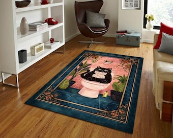 Reading Cat Rug, Funny Black Cat Area Rug, Cute Cat Illustration Carpet, Cozy Home Decor, Modern Artistic Rug