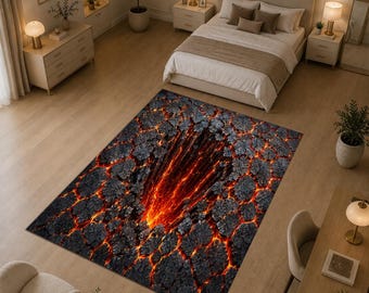 3D Lava Pit Rug, Volcanic Abyss Area Rug, Fiery Crack Illusion Carpet, Deep Hole Floor Decor, Molten Earth Rug