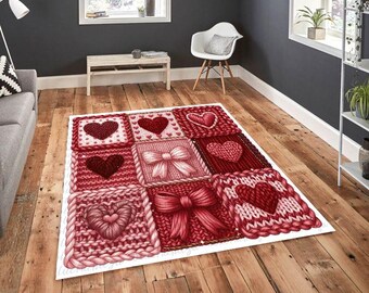 Valentine Knitted Hearts Rug, Cozy Love Patchwork Carpet, Pink Red Heart Pattern Area Rug, Romantic Home Decor