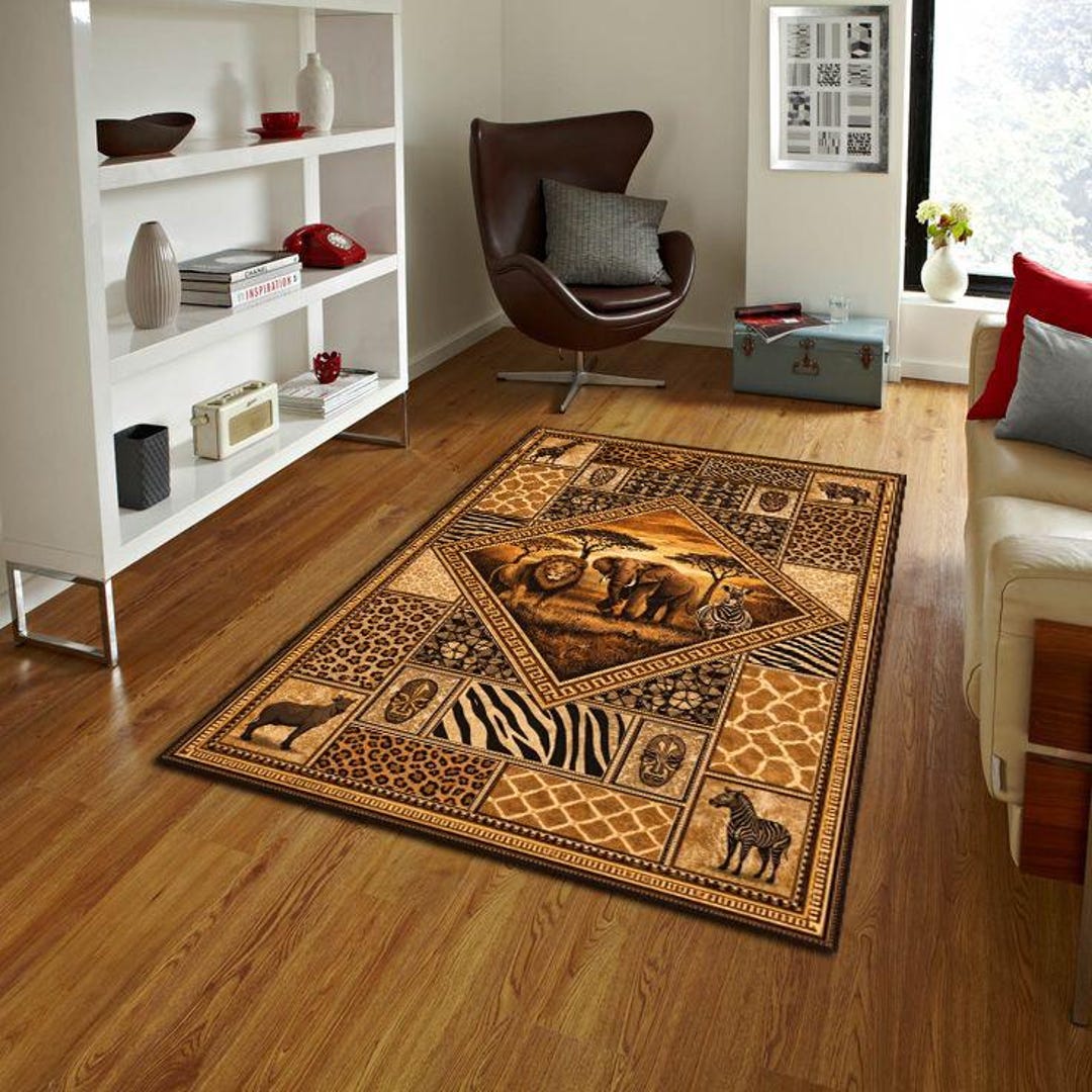 African Game Rugs Safari Elephant Rug, African Wildlife Carpet, Leopard Zebra Patchwork ...