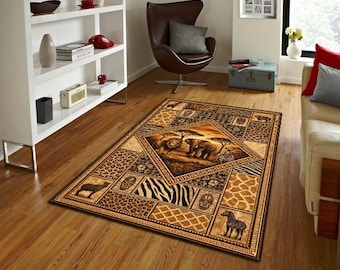 Safari Elephant Rug, African Wildlife Carpet, Leopard Zebra Patchwork Design, Neutral Camel Brown Animal Print Area Rug