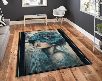 Teal Floral Woman Rug, Modern Abstract Face Carpet, Elegant Art Area Rug, Boho Chic Home Decor, Statement Floor Rug
