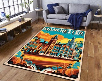 Alfombra con arte de la ciudad de Manchester, póster de viaje del Reino Unido, decoración urbana colorida, alfombra retro con el horizonte de Manchester