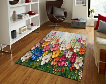Colorful Floral Rug, Textured Flower Field Carpet, Spring Garden Art Rug, Modern Botanical Home Decor, Living Room Area Rug