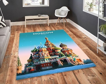 Alfombra artística de Moscú, Rusia, alfombra de la Catedral de San Basilio, decoración colorida del horizonte de Moscú, alfombra urbana rusa estilo póster de viaje