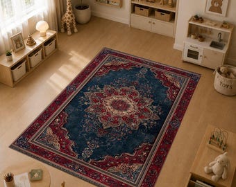 Persian Inspired Vintage Area Rug, Navy Red Oriental Carpet, Traditional Floral Medallion Rug, Classic Antique Style Home Decor