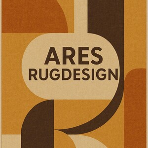 May include: Geometric rug design in shades of brown, tan, and orange. The rug features a pattern of curved shapes and rectangular blocks. The text "ARES RUGDESIGN" is displayed in a beige oval shape in the center of the rug.