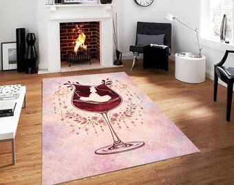 Boho Wine Lovers Rug – Romantic Burgundy Glass Carpet, Pastel Aesthetic Couple Silhouette, Bohemian Bedroom Decor, Love Art Floor Rug