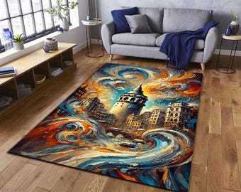 Alfombra artística de la Torre de Gálata de Estambul, alfombra con paisaje urbano en espiral colorido, decoración de monumentos turcos, alfombra abstracta vibrante para el hogar