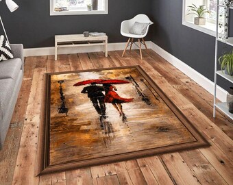 Rainy Romance Couple Rug, Red Umbrella Art Carpet, Impressionist Love Scene, Cozy Farmhouse Decor, Modern Romantic Area Rug