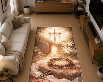 Christian Resurrection Rug, Empty Tomb Cross Area Rug, Jesus Christ Easter Carpet, Religious Prayer Rug, Faith Inspired Christian Home Decor