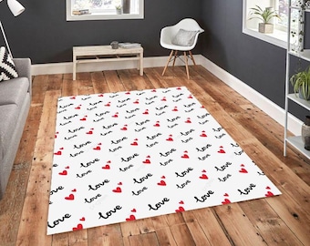 Love Pattern Rug, Minimal Heart Print Carpet, Black Red Love Text Design Area Rug, Valentine Inspired Modern Home Decor