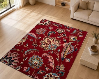 Persian Floral Rug, Vintage Red Oriental Rug, Traditional Turkish Style Carpet, Antique Inspired Area Rug, Boho Living Room Decor